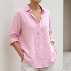 Relaxed Fit Collared Button Front Popover Blouse for Women – Stylish Casual Comfort