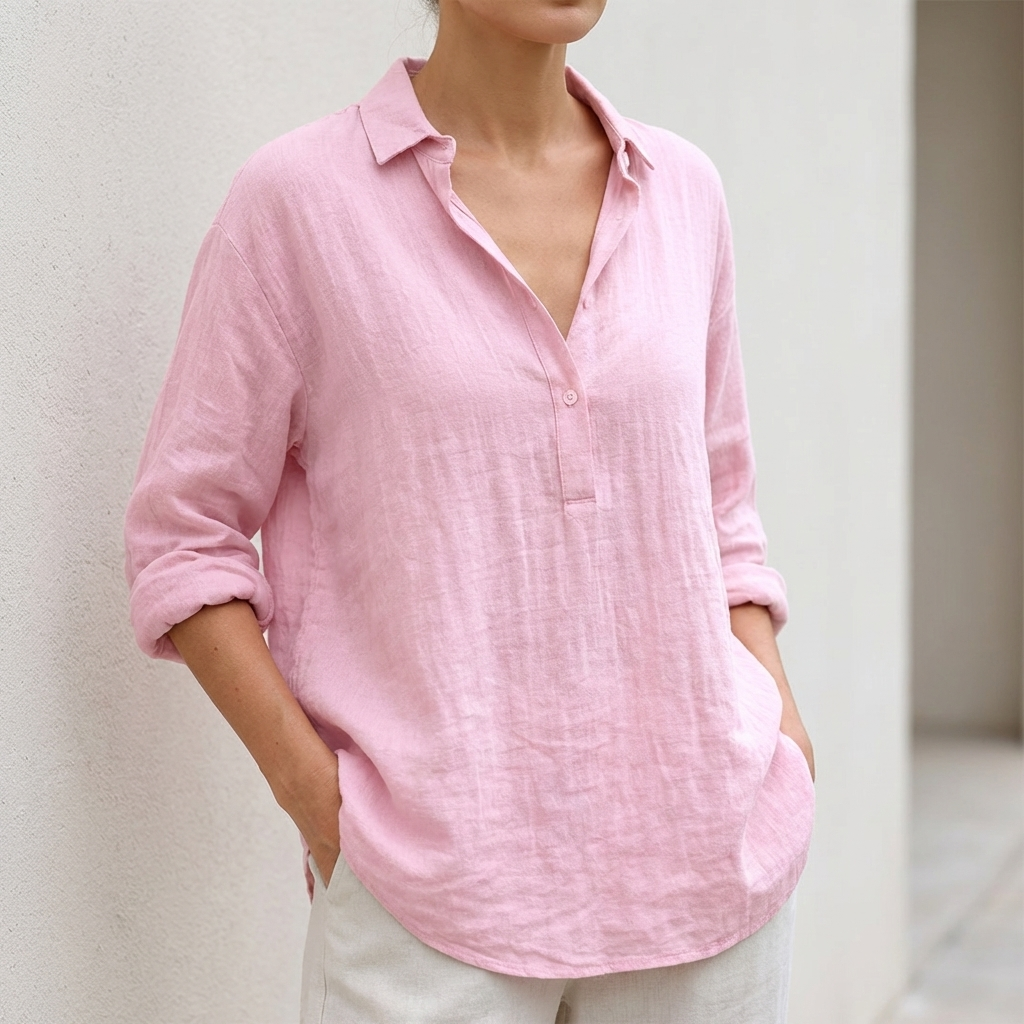 Relaxed Fit Collared Button Front Popover Blouse for Women – Stylish Casual Comfort