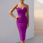 Ruched Bustier Bodycon Midi Dress for Women – Elegant & Figure-Flattering