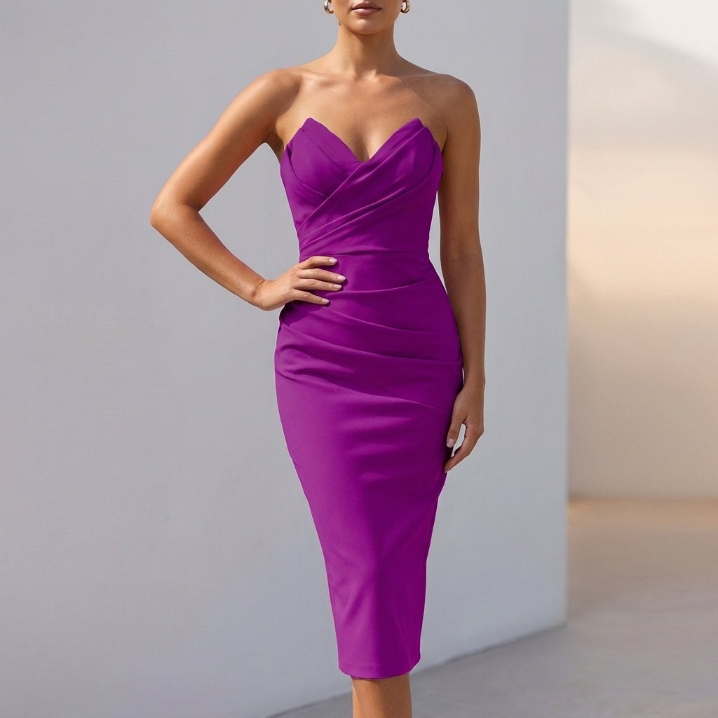 Ruched Bustier Bodycon Midi Dress for Women – Elegant & Figure-Flattering