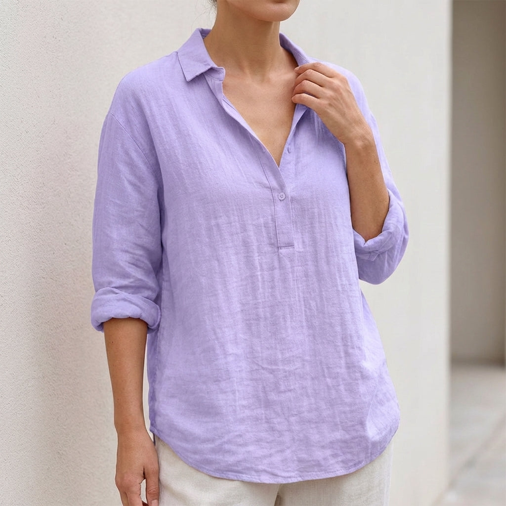 Relaxed Fit Collared Button Front Popover Blouse for Women – Stylish Casual Comfort
