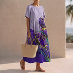 Pleated Oversized Floral Midi-Length Kaftan Dress for Women – Stylish Casual Comfort