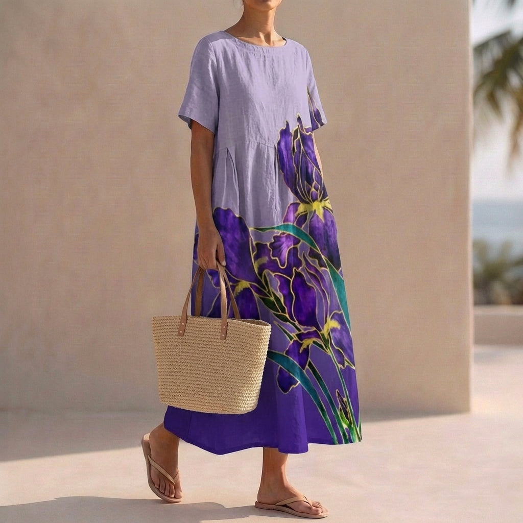 Pleated Oversized Floral Midi-Length Kaftan Dress for Women – Stylish Casual Comfort
