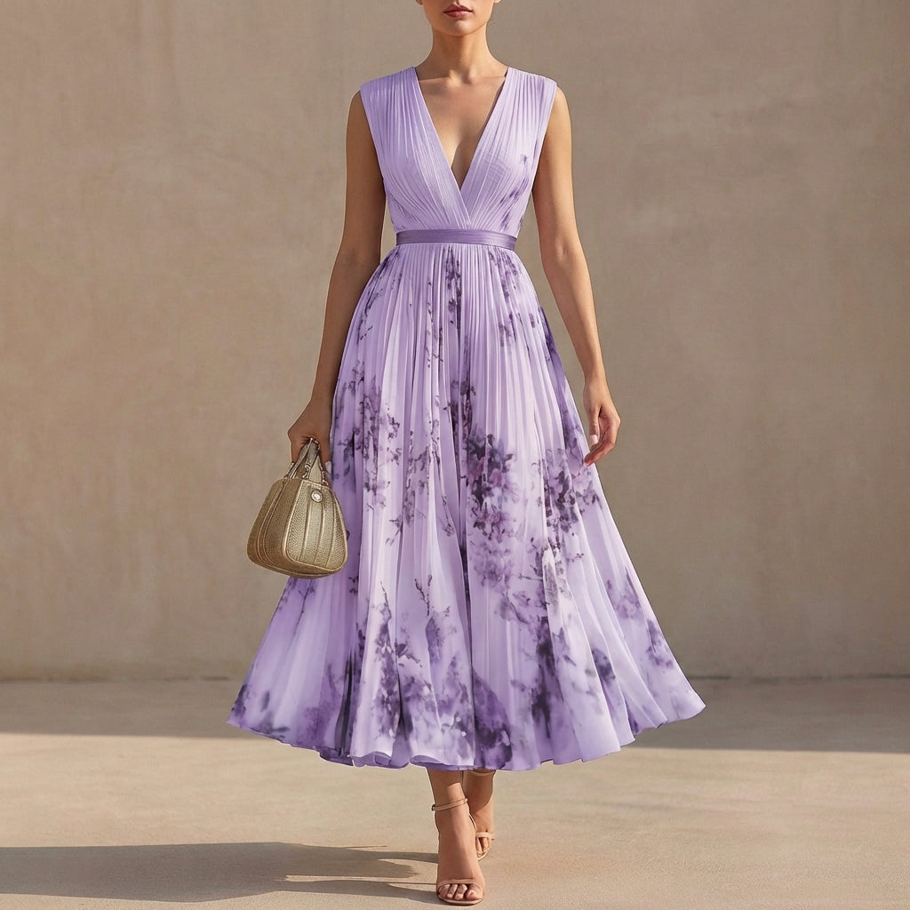 Thea Pleated A-Line Maxi Dress | V-Neck Balloon Sleeve Dress