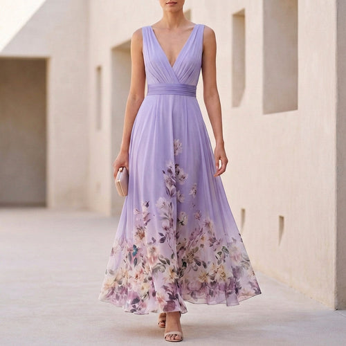 Amelia A-Line Maxi Dress | Floral V-Neck Sleeveless Dress