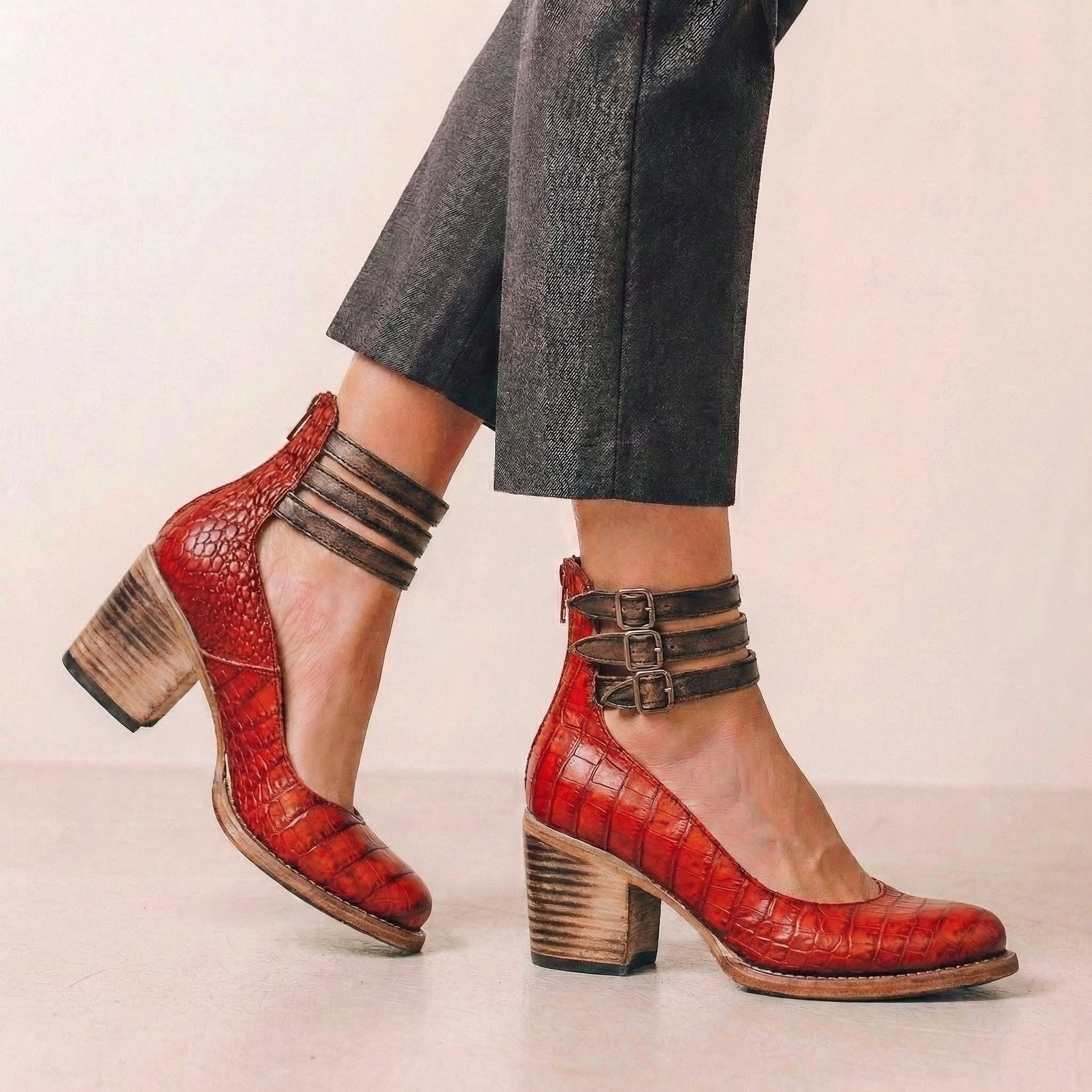 Distressed Leather Cut-Out Block Heel Ankle Strap Heels for Women – Stylish & Comfortable Design