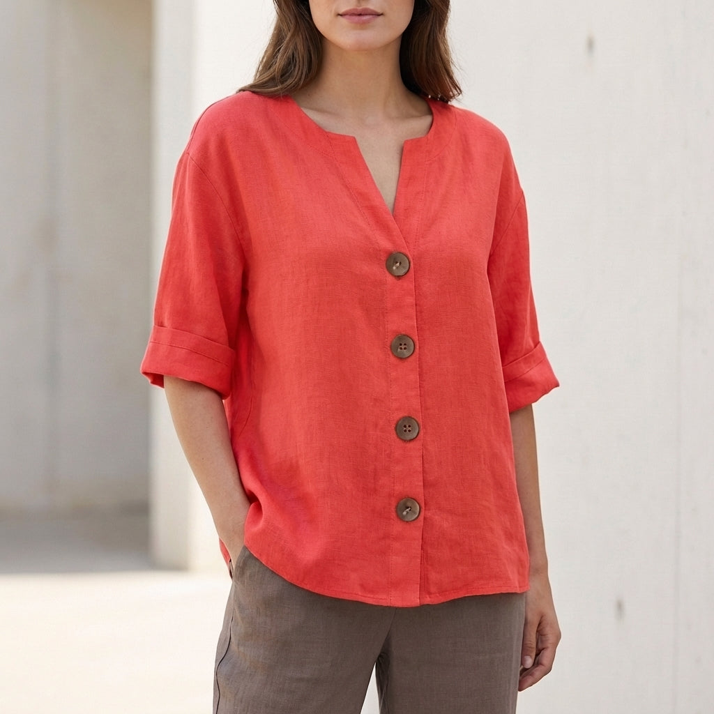 Relaxed Fit V-Neck Button-Up Shirt for Women – Stylish Casual Comfort