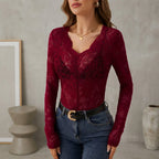 Sheer Scalloped Floral Lace Bodysuit for Women – Elegant Night Out Style