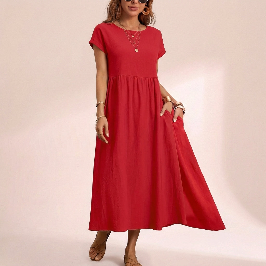 Isla Relaxed Fit Midi Dress | Side Pockets Gathered Waist Dress