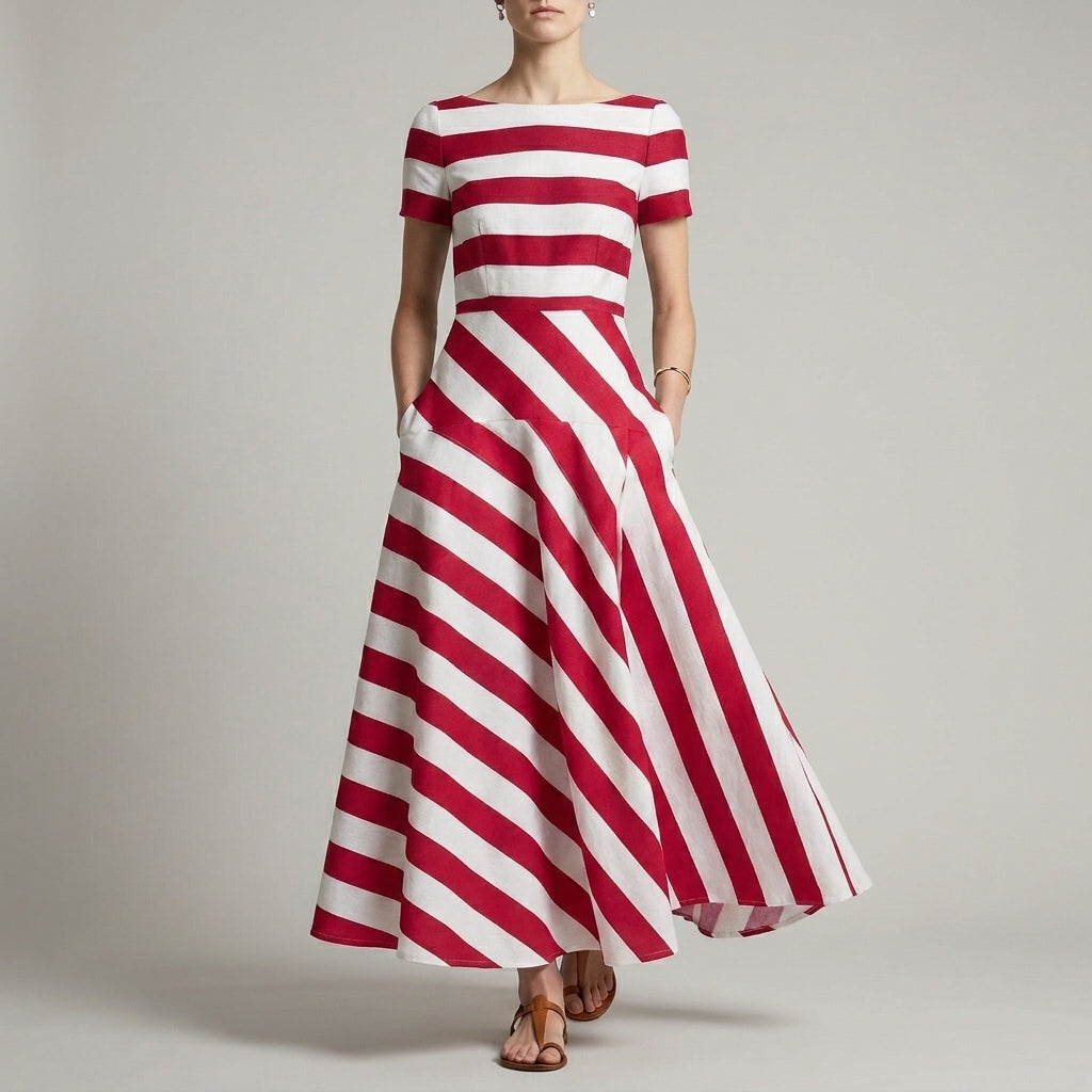 A-Line Ankle-Length Striped Maxi Dress with Pockets for Women – Stylish & Comfortable