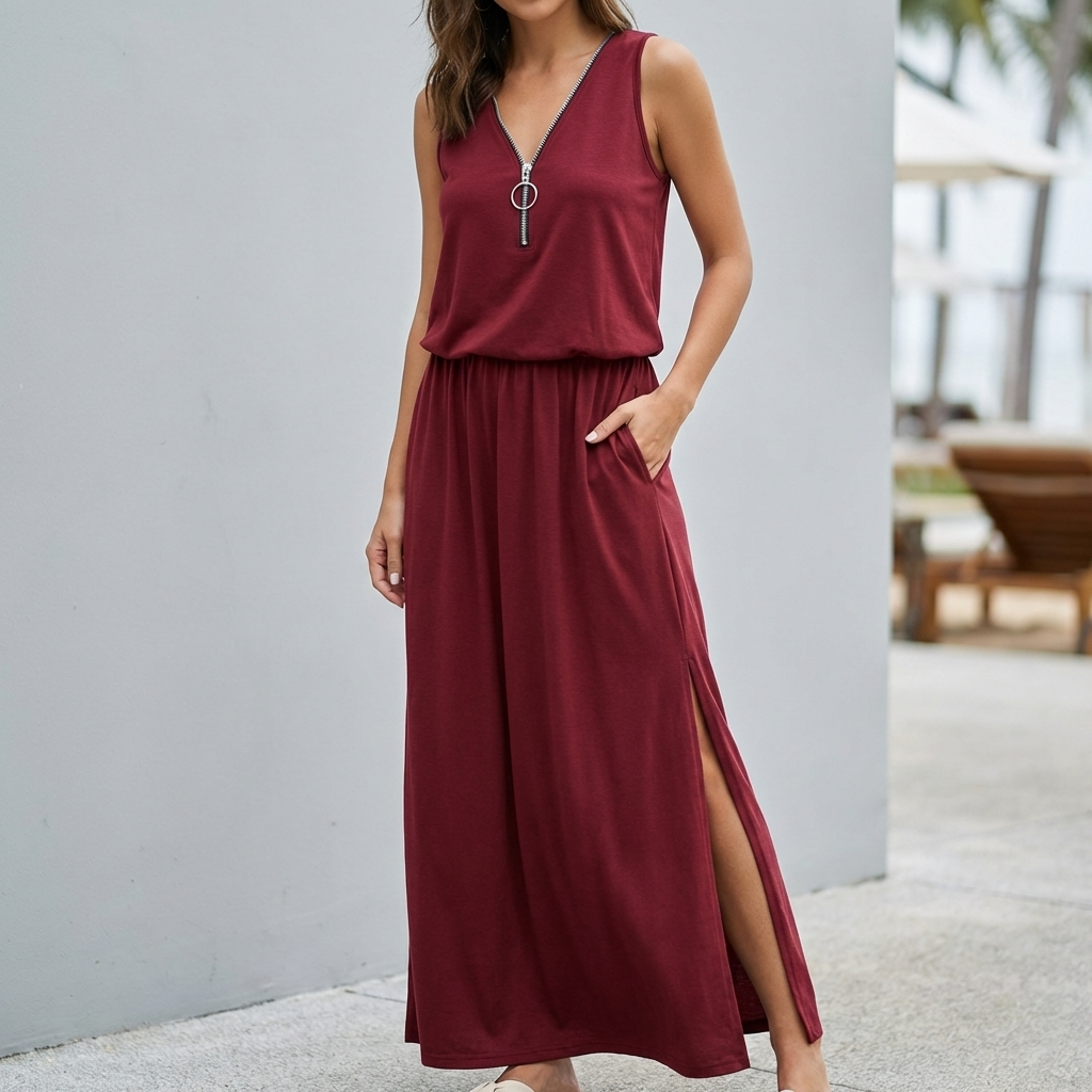 Relaxed Fit Sleeveless V-Neck Maxi Dress for Women – Stylish & Comfortable Design