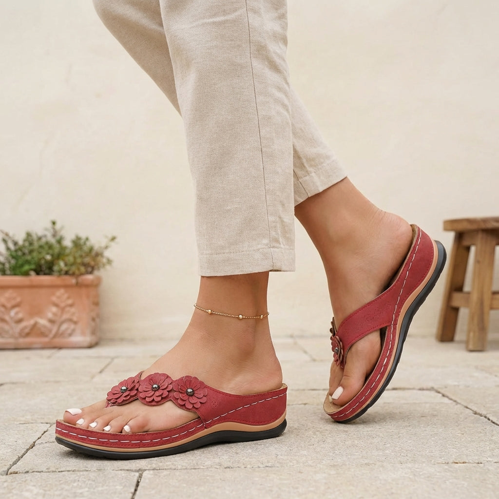Sienna Orthopedic Open Toe Wedge Flip-Flops | Floral Embellishments Wedge Flip-Flops