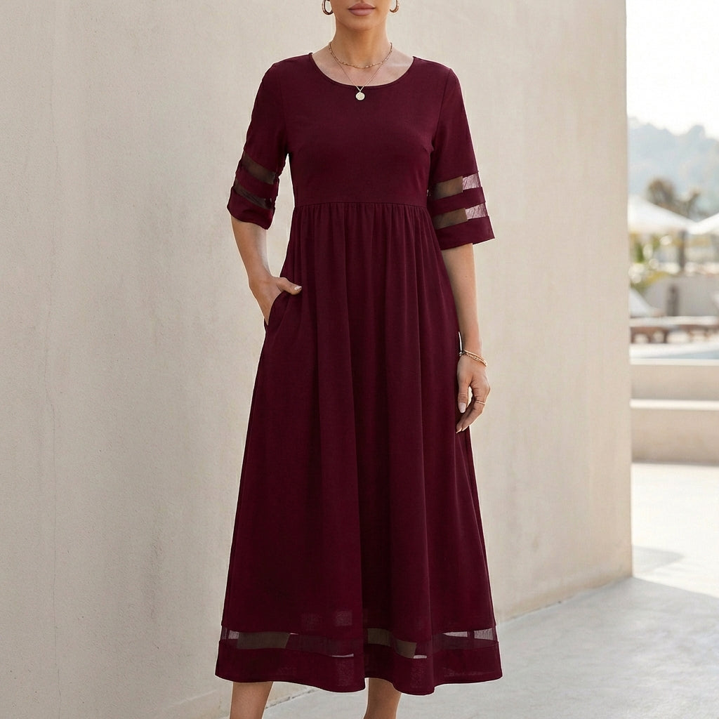 A-Line Maxi Dress with Mesh Panels and Pockets for Women – Stylish Comfortable Design
