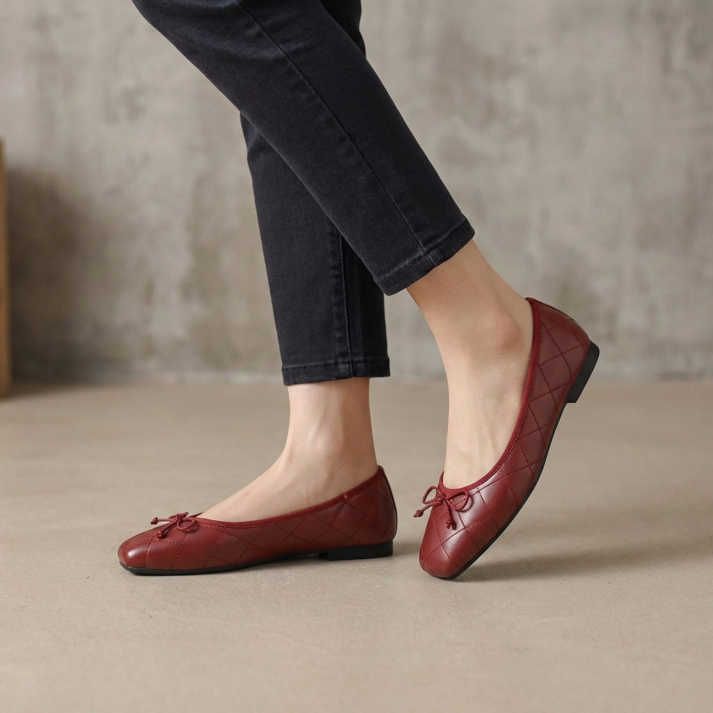 Ivy Quilted Square Toe Bow Detail Ballet Flats | Slip-On Ballet Flats