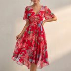 Floral Tie-Waist A-Line Wrap Dress for Women – Elegant Semi-Formal Style