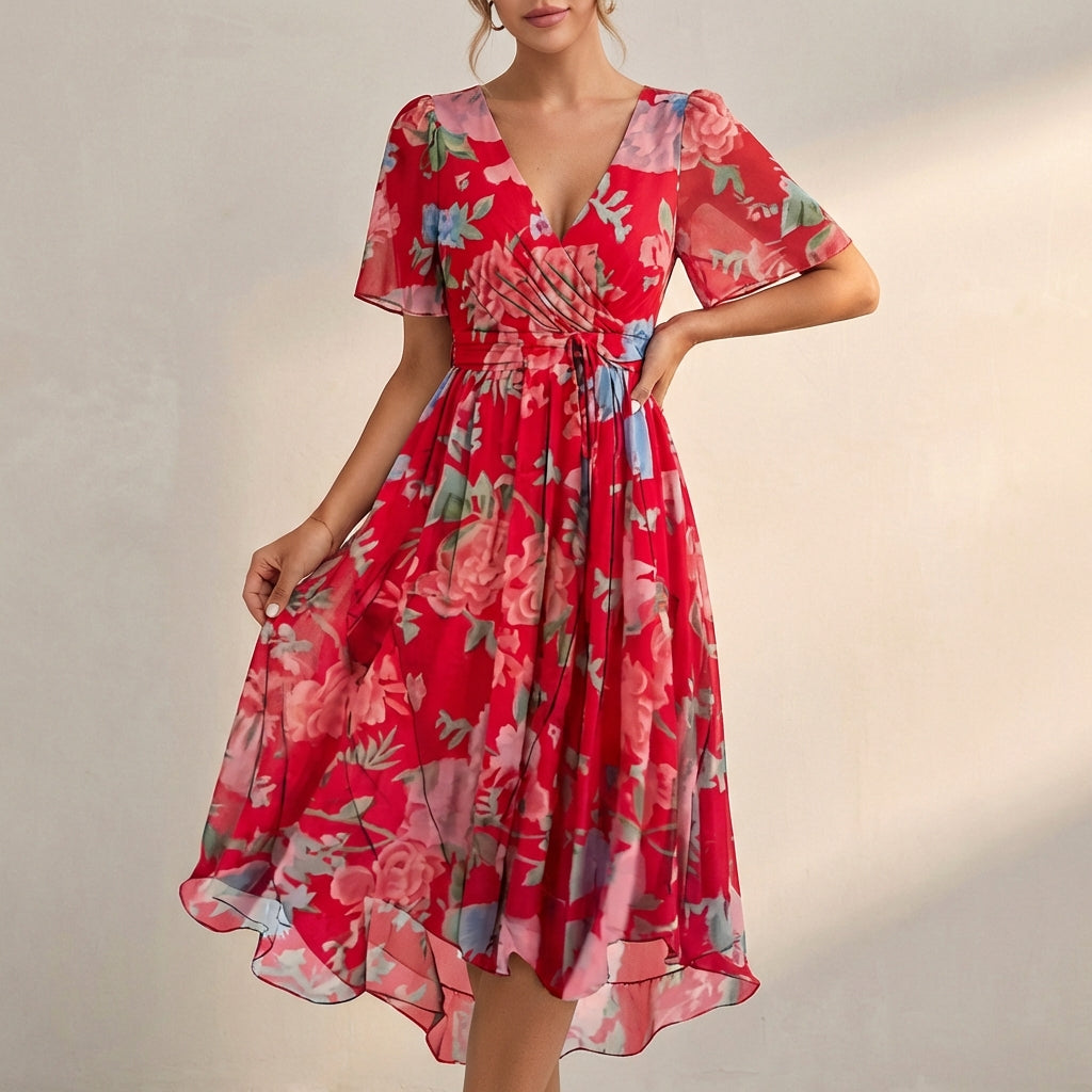 Floral Tie-Waist A-Line Wrap Dress for Women – Elegant Semi-Formal Style