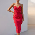 Ruched Bustier Bodycon Midi Dress for Women – Elegant & Figure-Flattering
