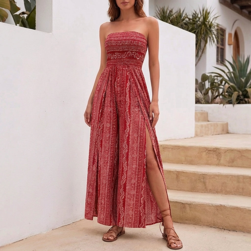 Strapless Smocked Wide Leg Jumpsuit for Women – Stylish Vacation Ready
