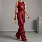 Isla Sequined Fitted Top Jumpsuit | Sleeveless Belted Jumpsuit