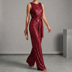 Sequined Belted Wide-Leg Jumpsuit for Women – Elegant Party Style