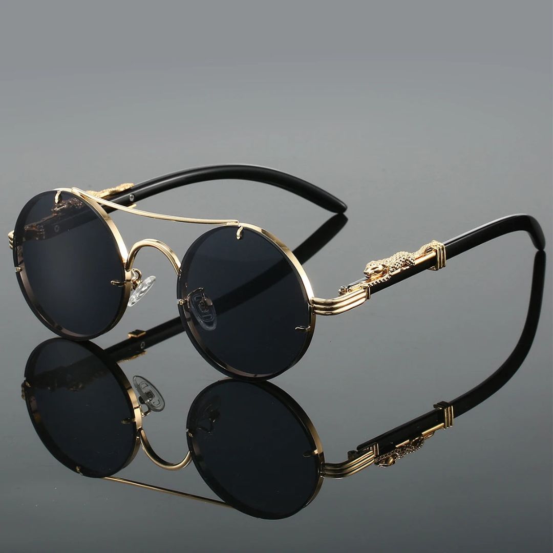 Metal Frame Double Bridge Round Sunglasses for Men – Stylish Animal Accent