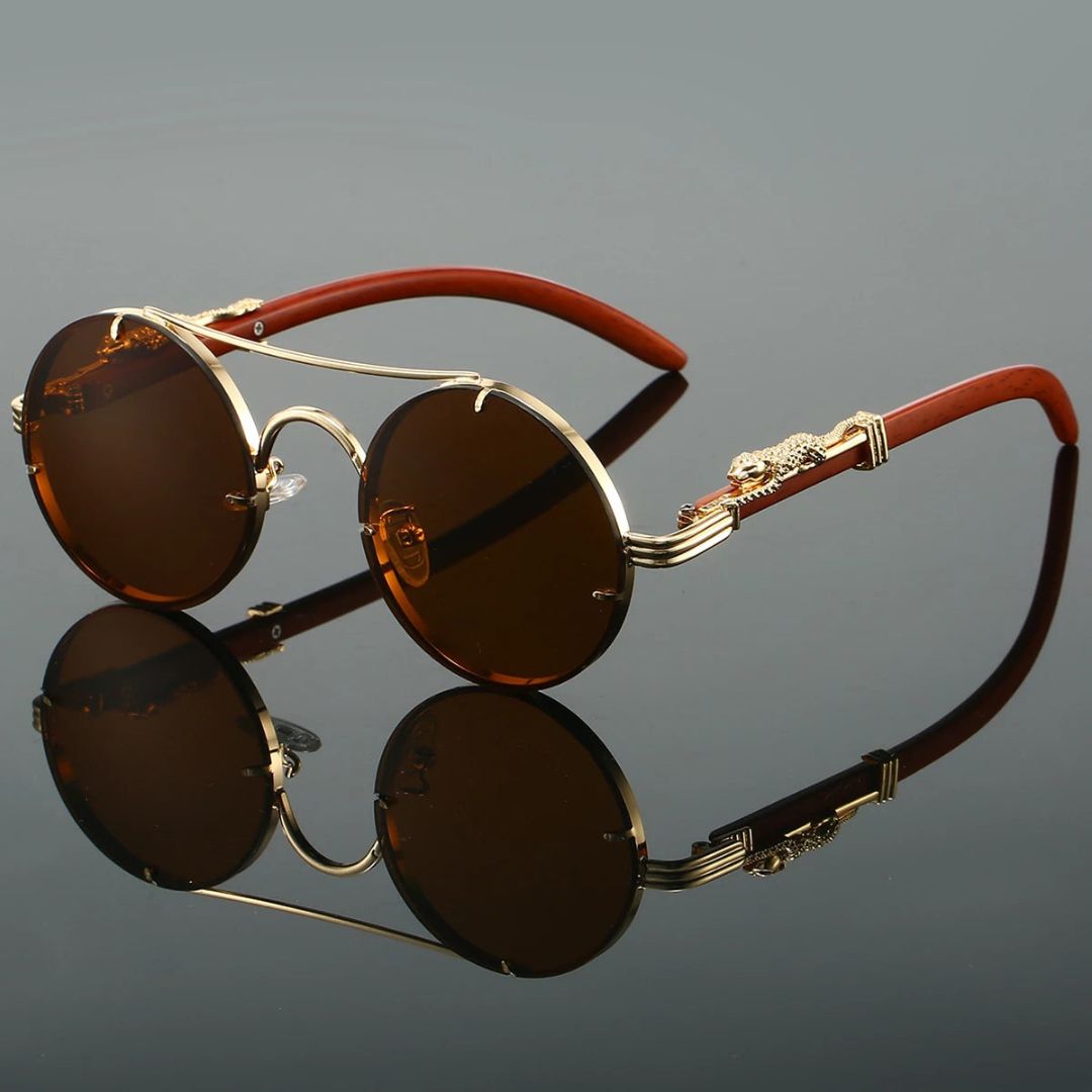 Metal Frame Double Bridge Round Sunglasses for Men – Stylish Animal Accent