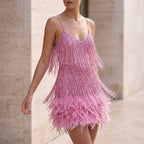 Sienna Fitted Mini Dress | Fringed Feather Trim Dress