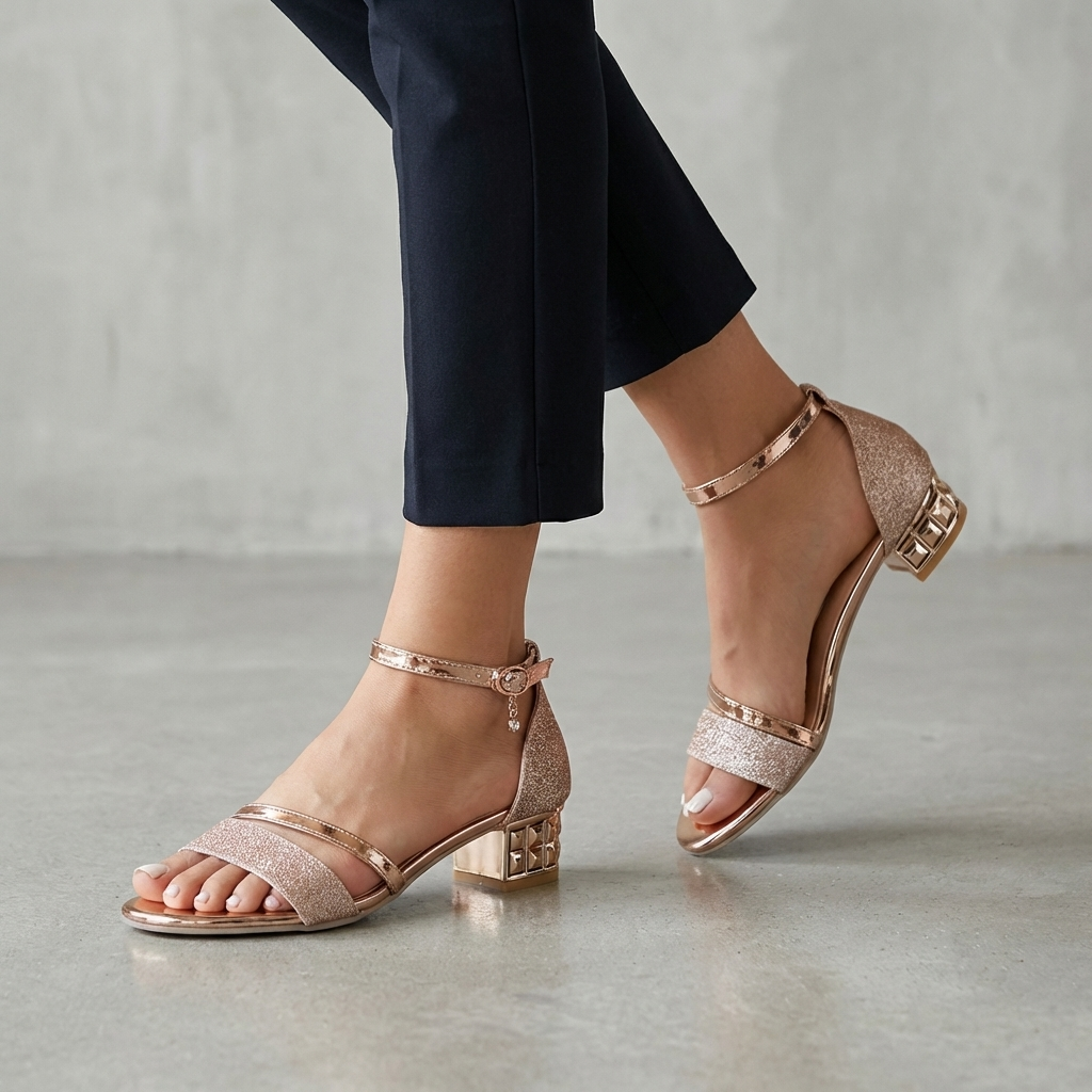 Orthopedic Metallic Block Heel Ankle Strap Heeled Sandals for Women – Comfortable Support & Style