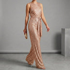 Sequined Belted Wide-Leg Jumpsuit for Women – Elegant Party Style