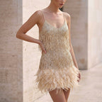 Sienna Fitted Mini Dress | Fringed Feather Trim Dress