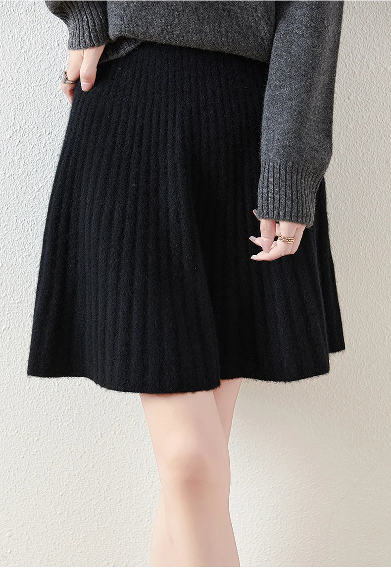 Ribbed Flared A-Line Knee-Length Knit Skirt for Women – Elegant Comfortable Design