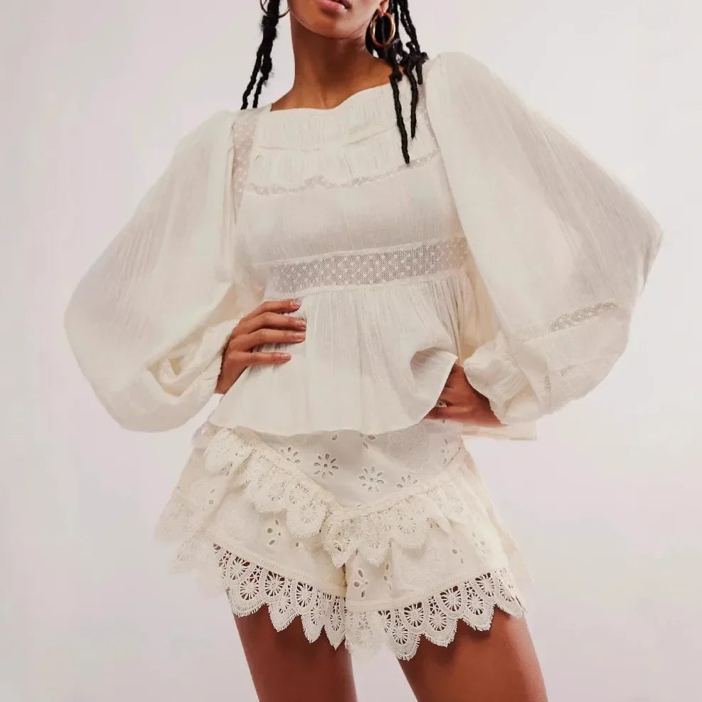 Embroidered Ruffled High-Waist Mini Shorts for Women – Stylish Vacation Wear