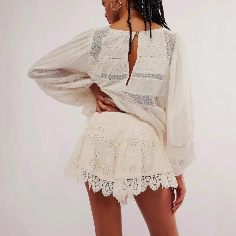 Embroidered Ruffled High-Waist Mini Shorts for Women – Stylish Vacation Wear