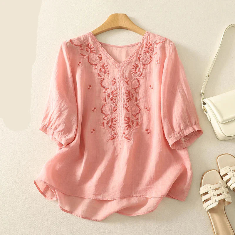 Isla Relaxed Fit Blouse | V-Neck Embroidered Blouse