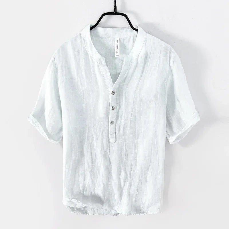 Relaxed Fit Band Collar Henley Shirt for Men – Breathable Casual Comfort