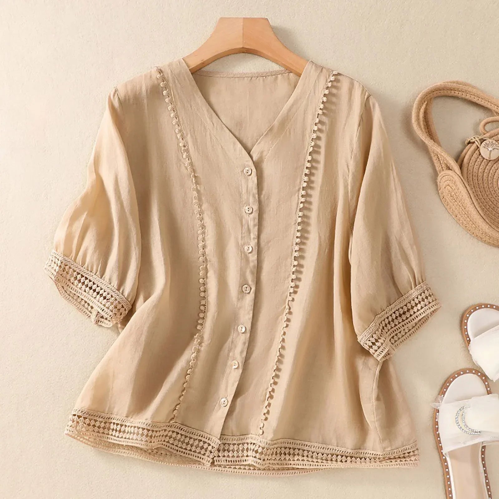Amelia Relaxed Fit Blouse | V-Neck Elbow Sleeve Blouse