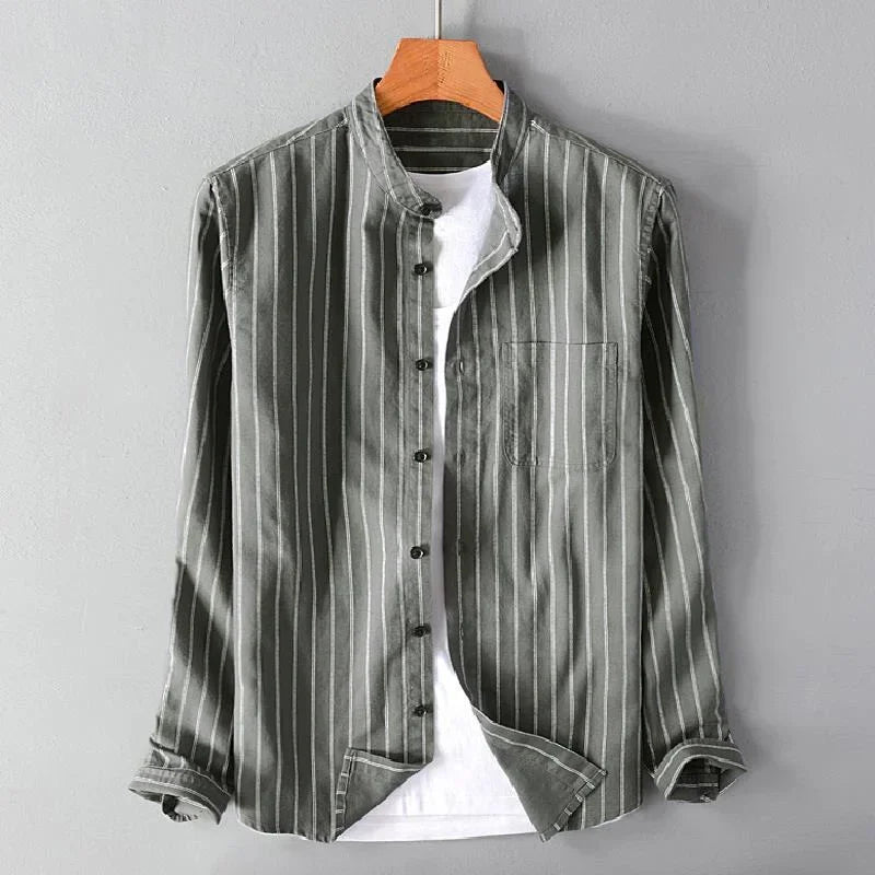 Freddie Relaxed Fit Button-Up Shirt | Band Collar Striped Button-Up Shirt
