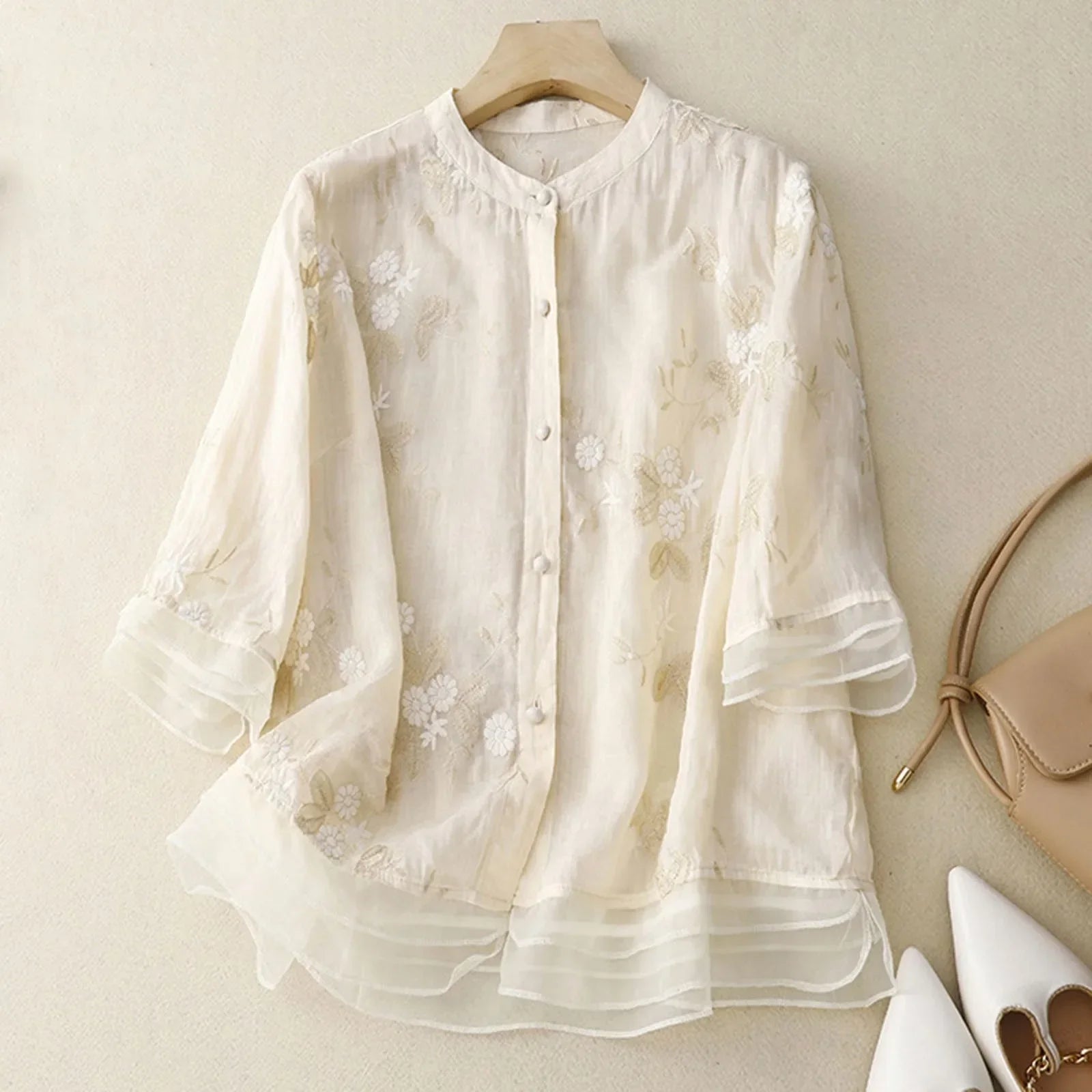 Isla Relaxed Fit Blouse | Band Collar Floral Embroidered Blouse