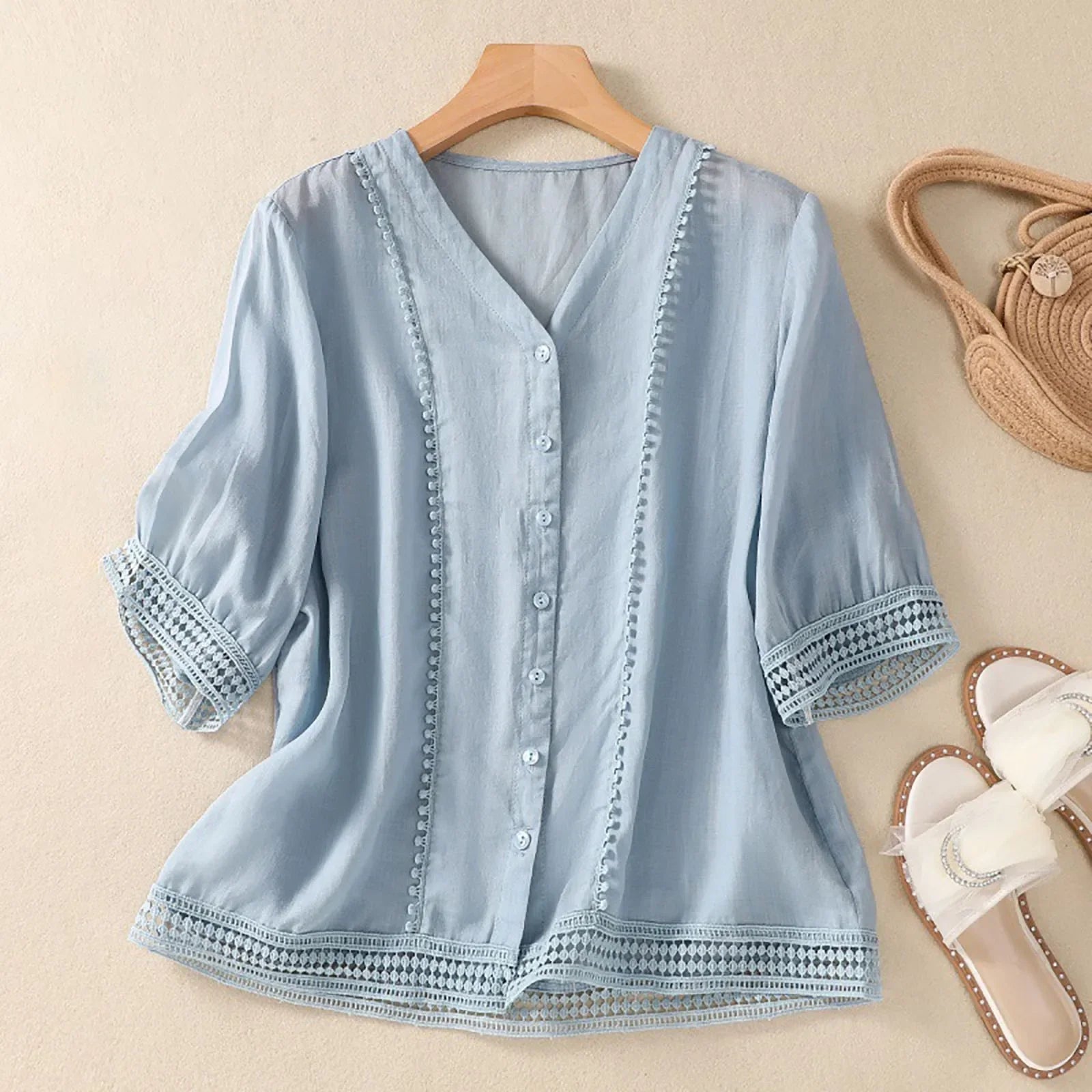 Amelia Relaxed Fit Blouse | V-Neck Elbow Sleeve Blouse