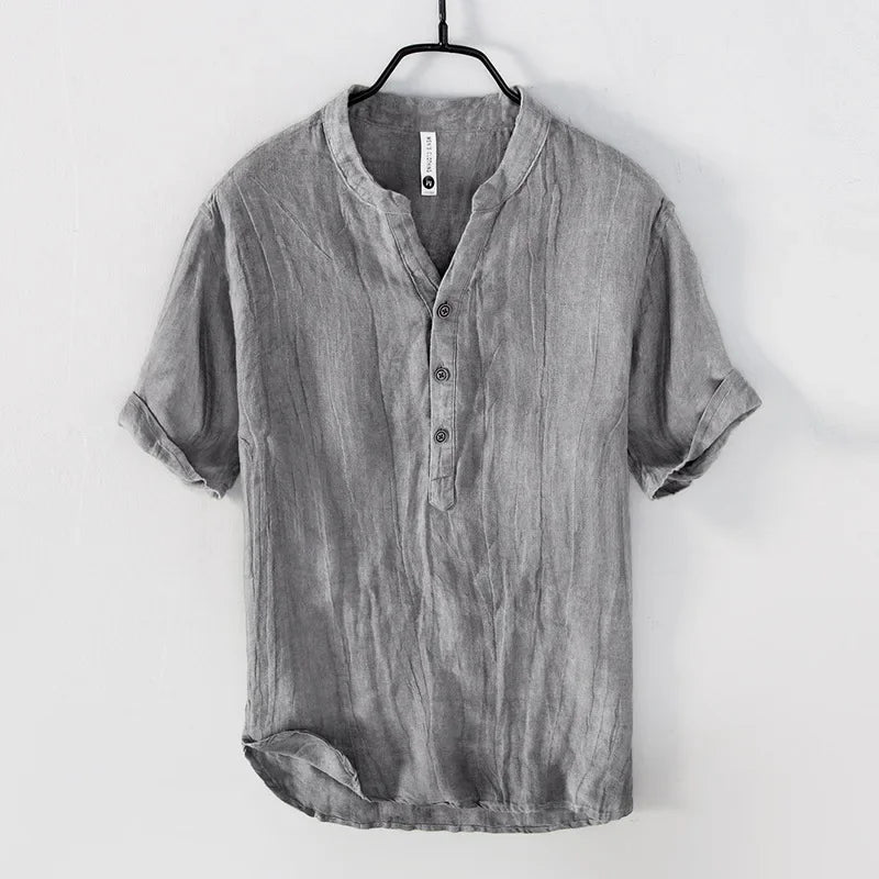 Relaxed Fit Band Collar Henley Shirt for Men – Breathable Casual Comfort