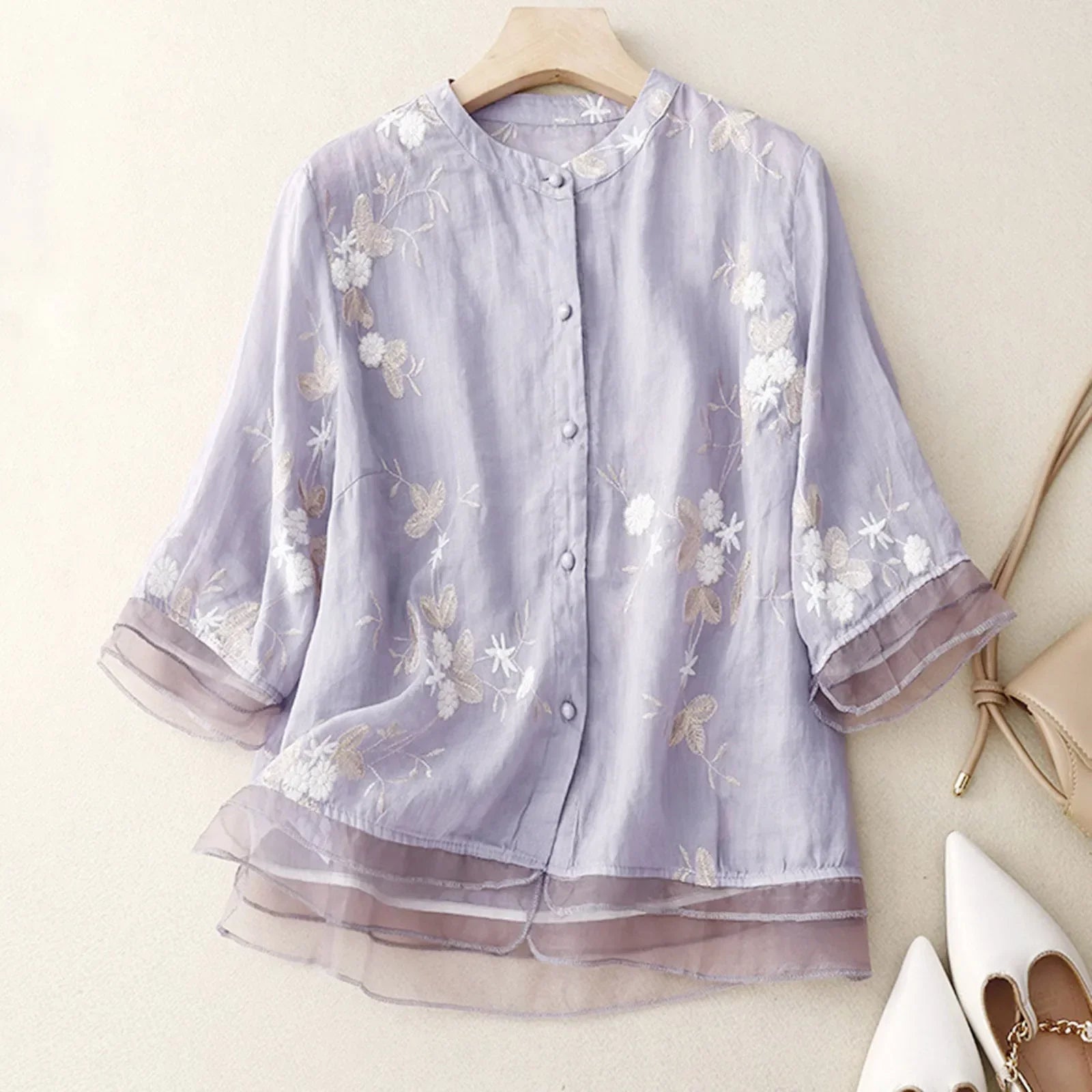 Isla Relaxed Fit Blouse | Band Collar Floral Embroidered Blouse