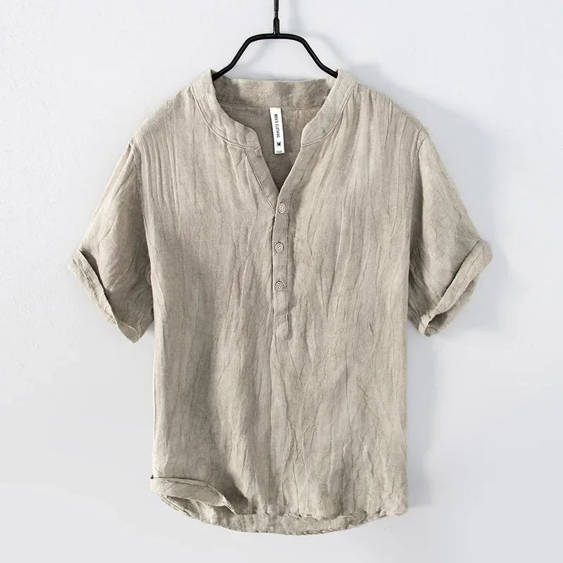 Relaxed Fit Band Collar Henley Shirt for Men – Breathable Casual Comfort