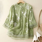 Isla Relaxed Fit Blouse | Band Collar Floral Embroidered Blouse