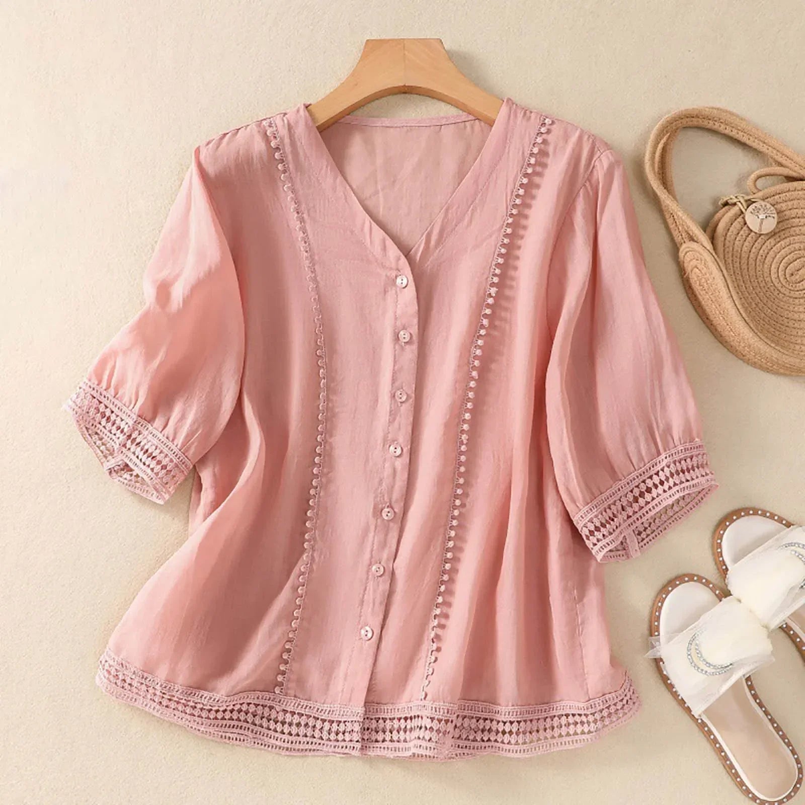 Amelia Relaxed Fit Blouse | V-Neck Elbow Sleeve Blouse