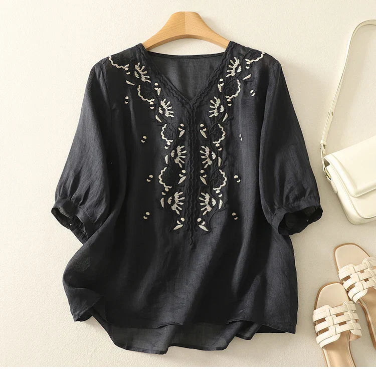 Isla Relaxed Fit Blouse | V-Neck Embroidered Blouse