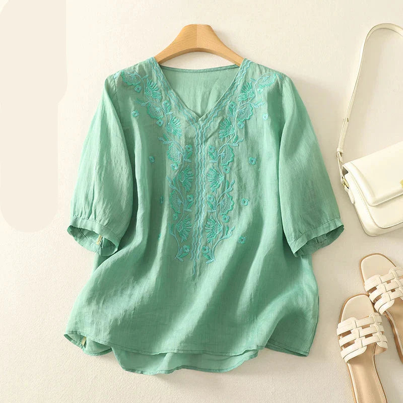 Isla Relaxed Fit Blouse | V-Neck Embroidered Blouse