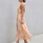 Pleated Belted A-Line Halter Neck Maxi Dress for Women – Elegant & Flattering Design