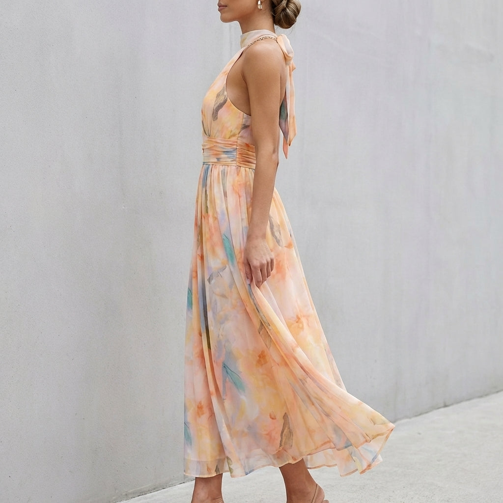 Pleated Belted A-Line Halter Neck Maxi Dress for Women – Elegant & Flattering Design