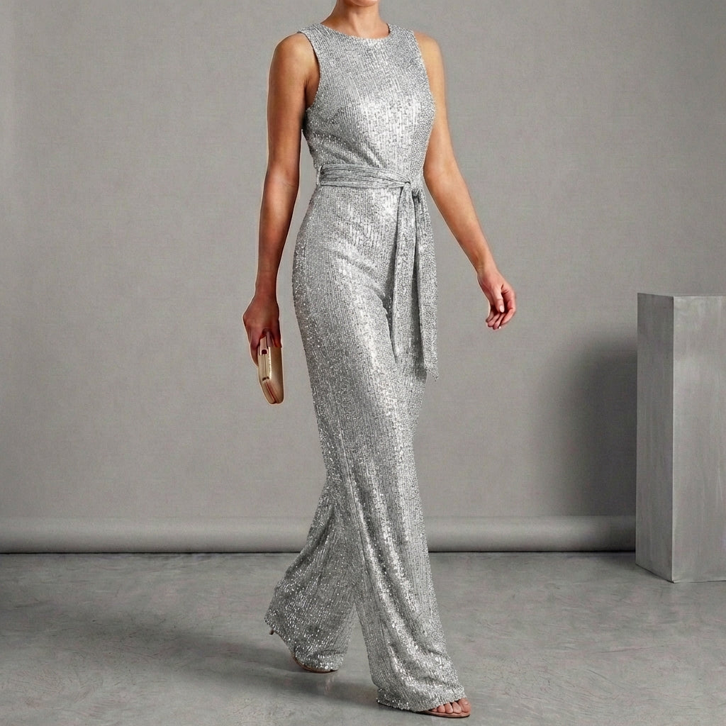 Sequined Belted Wide-Leg Jumpsuit for Women – Elegant Party Style