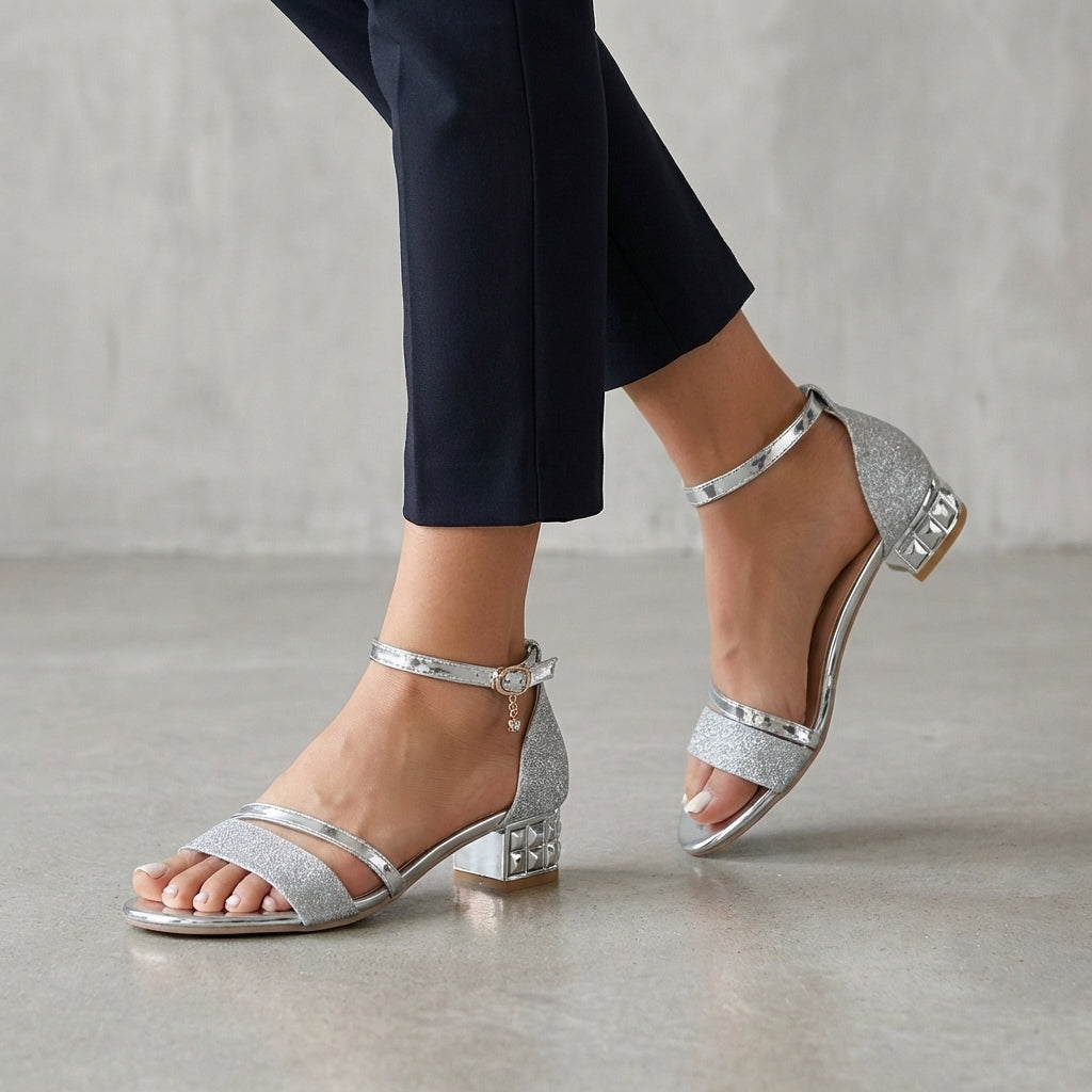 Orthopedic Metallic Block Heel Ankle Strap Heeled Sandals for Women – Comfortable Support & Style